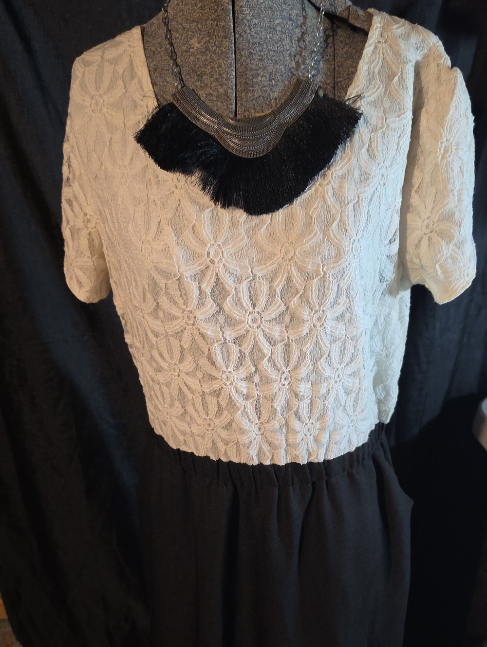 Ivory Floral Lace Top with Black Skirt Dress